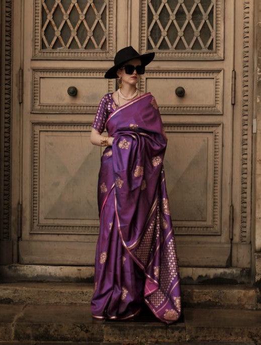Electric Purple Dual Zari Motifs Satin Silk Saree