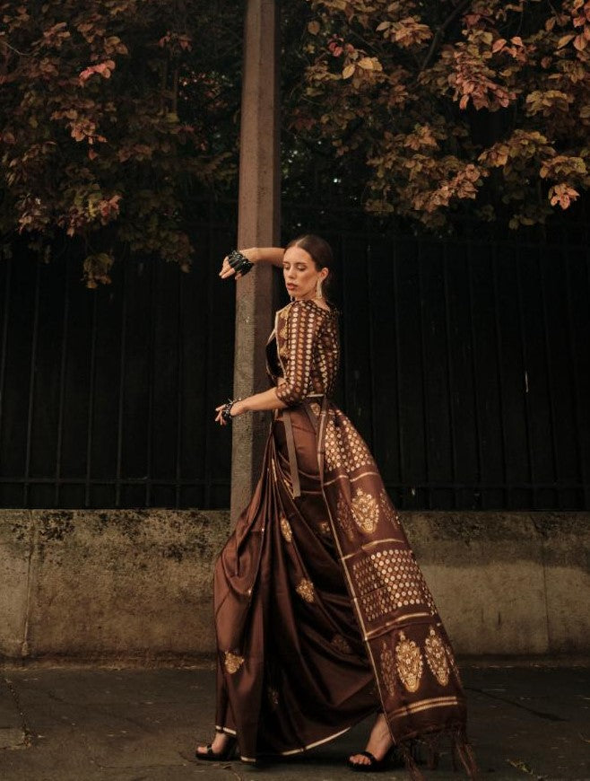 Coffee Brown Dual Zari Motifs Satin Silk Saree