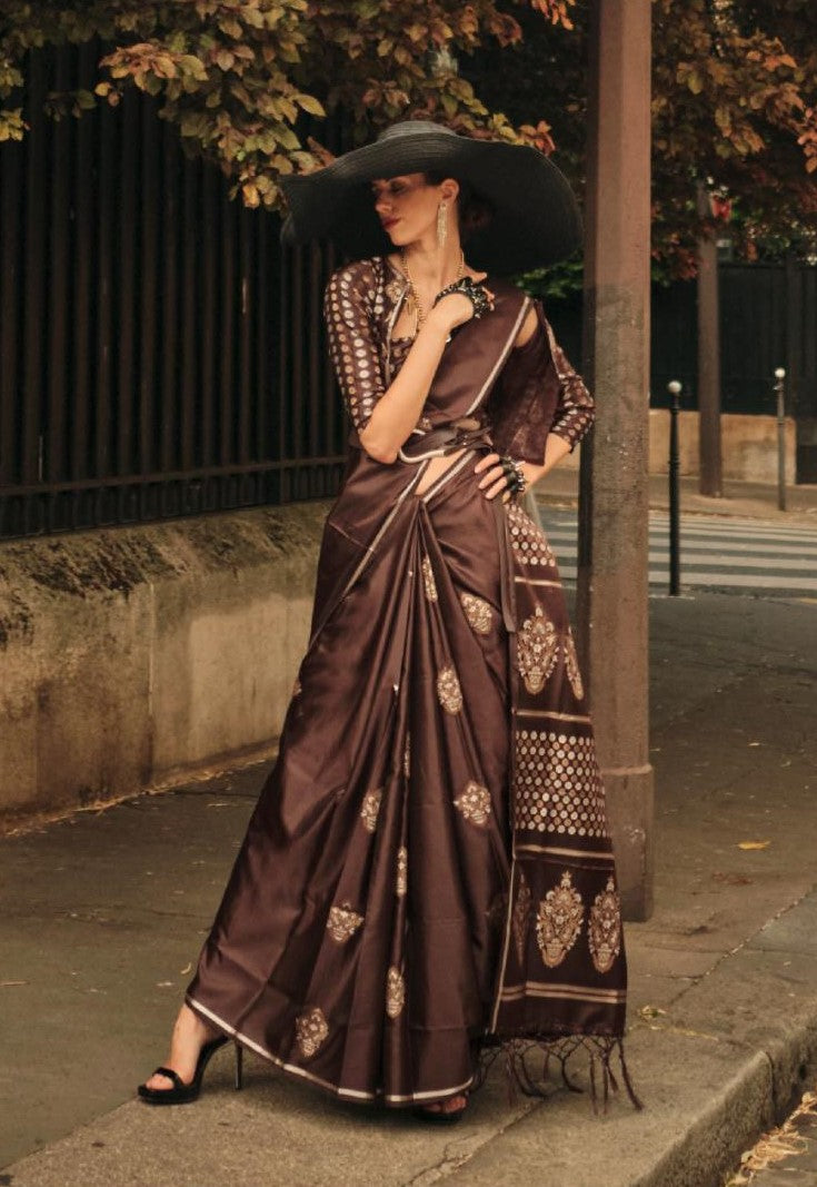 Coffee Brown Dual Zari Motifs Satin Silk Saree