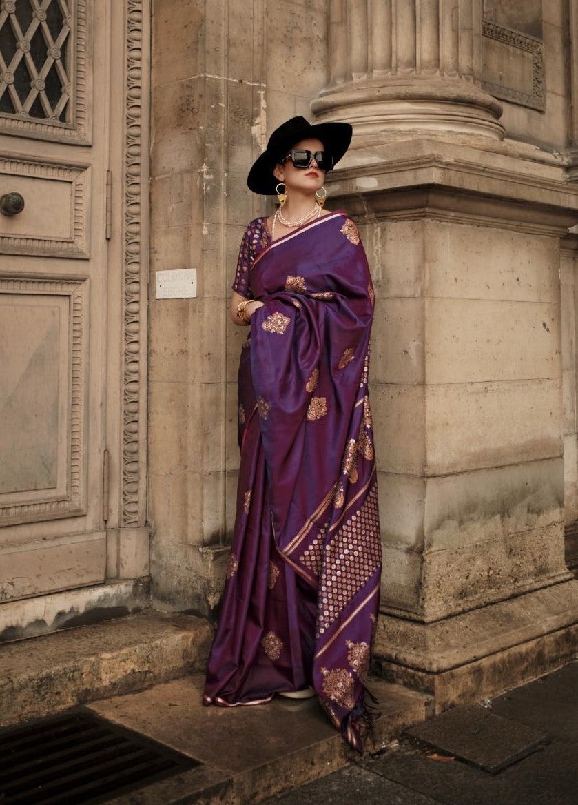 Deep Mauve Dual Zari Motifs Satin Silk Saree