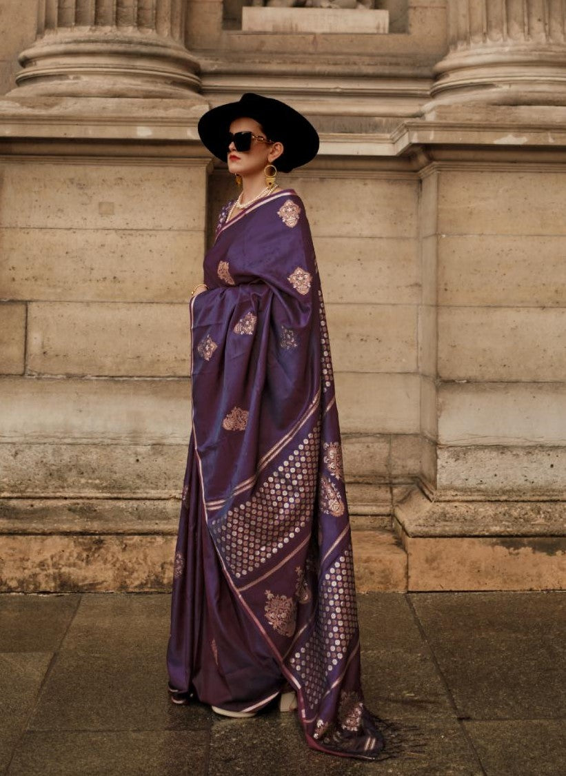 Deep Mauve Dual Zari Motifs Satin Silk Saree