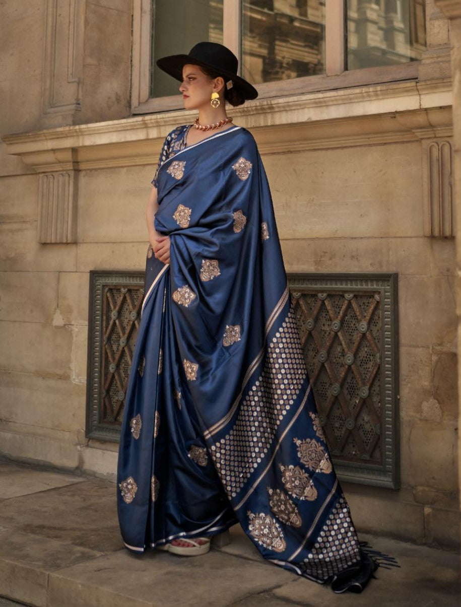 Denim Blue Dual Zari Motifs Satin Silk Saree