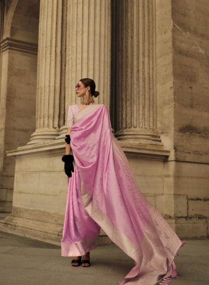 Pink Handloom Woven Satin Silk Saree