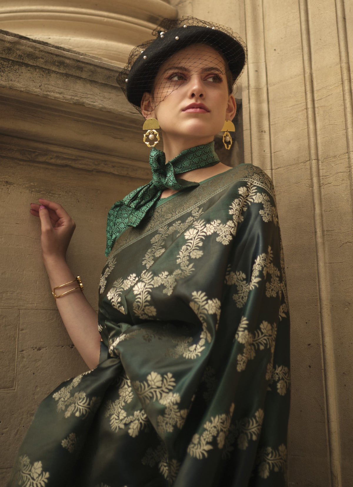 Dark Green Satin Silk Saree Online in India