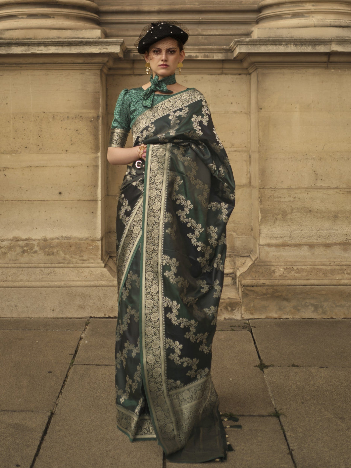Dark Green Satin Silk Saree Online in India
