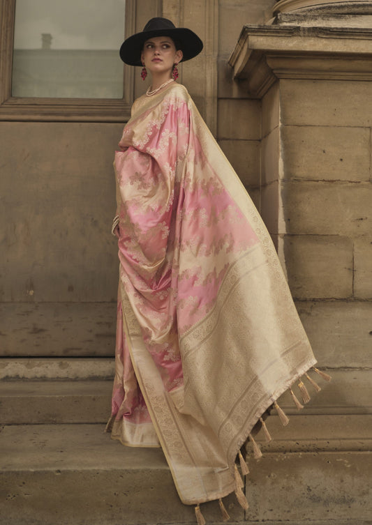 Flamingo Pink Satin Silk Saree Online in India
