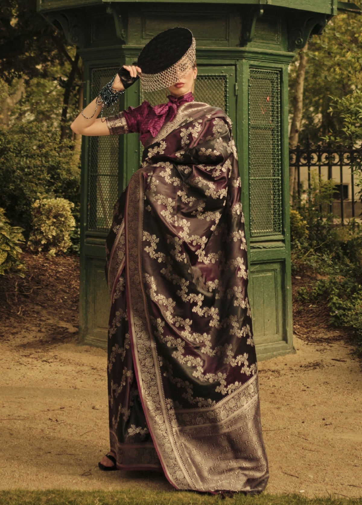 Wine Satin Silk Saree Online in India