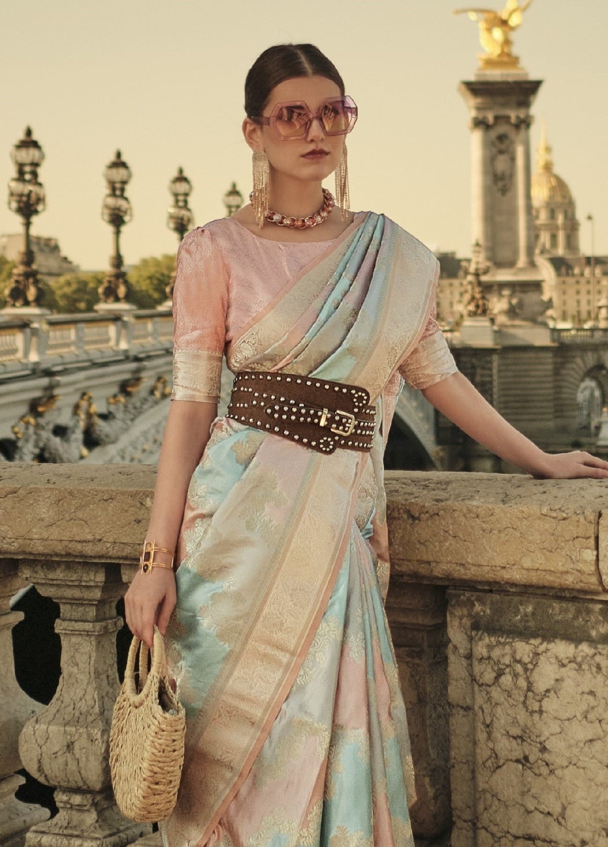 Peach & Ice Blue Satin Silk Saree Online in India