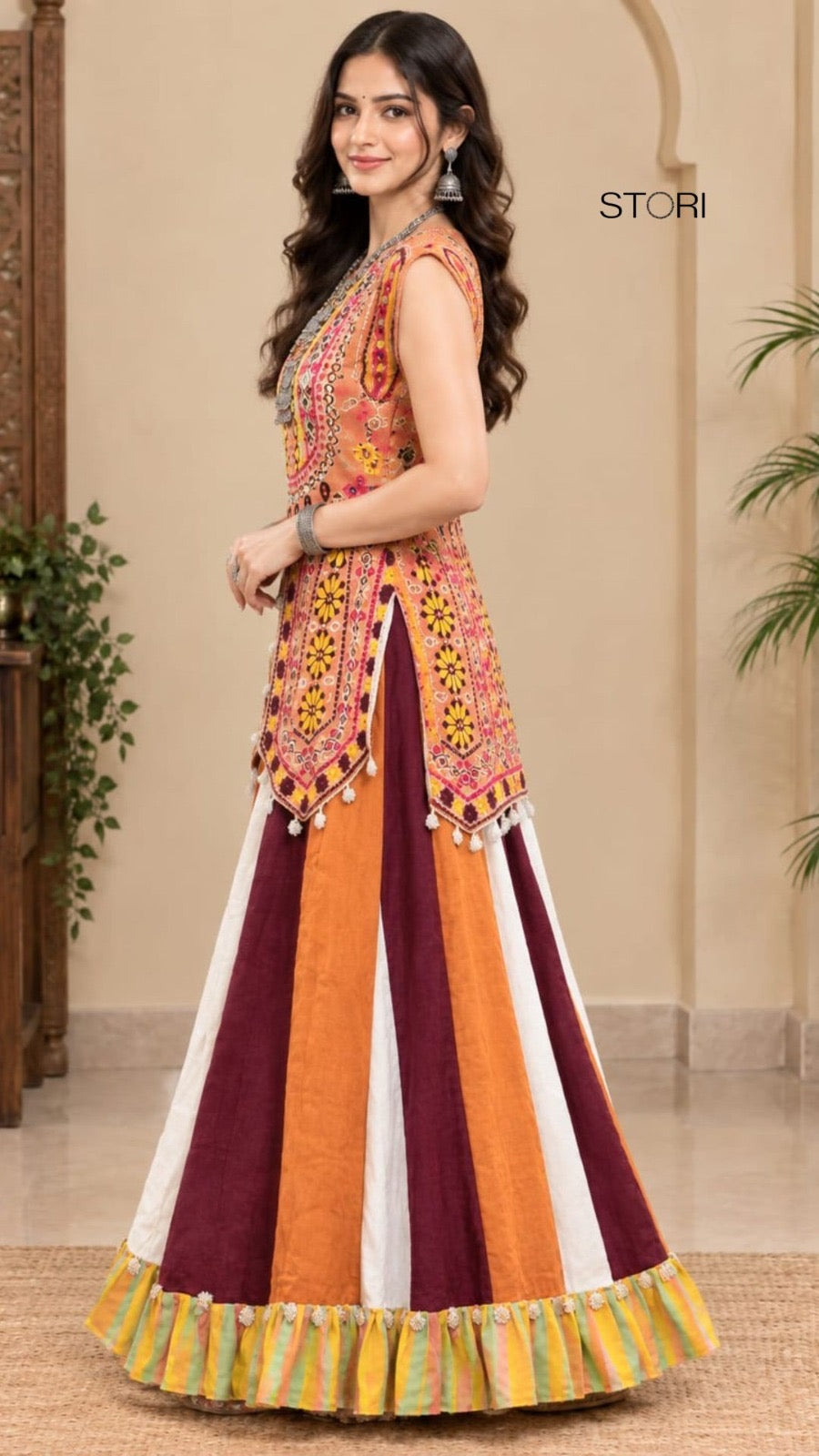 Navratri Orange kurta with flared skirt