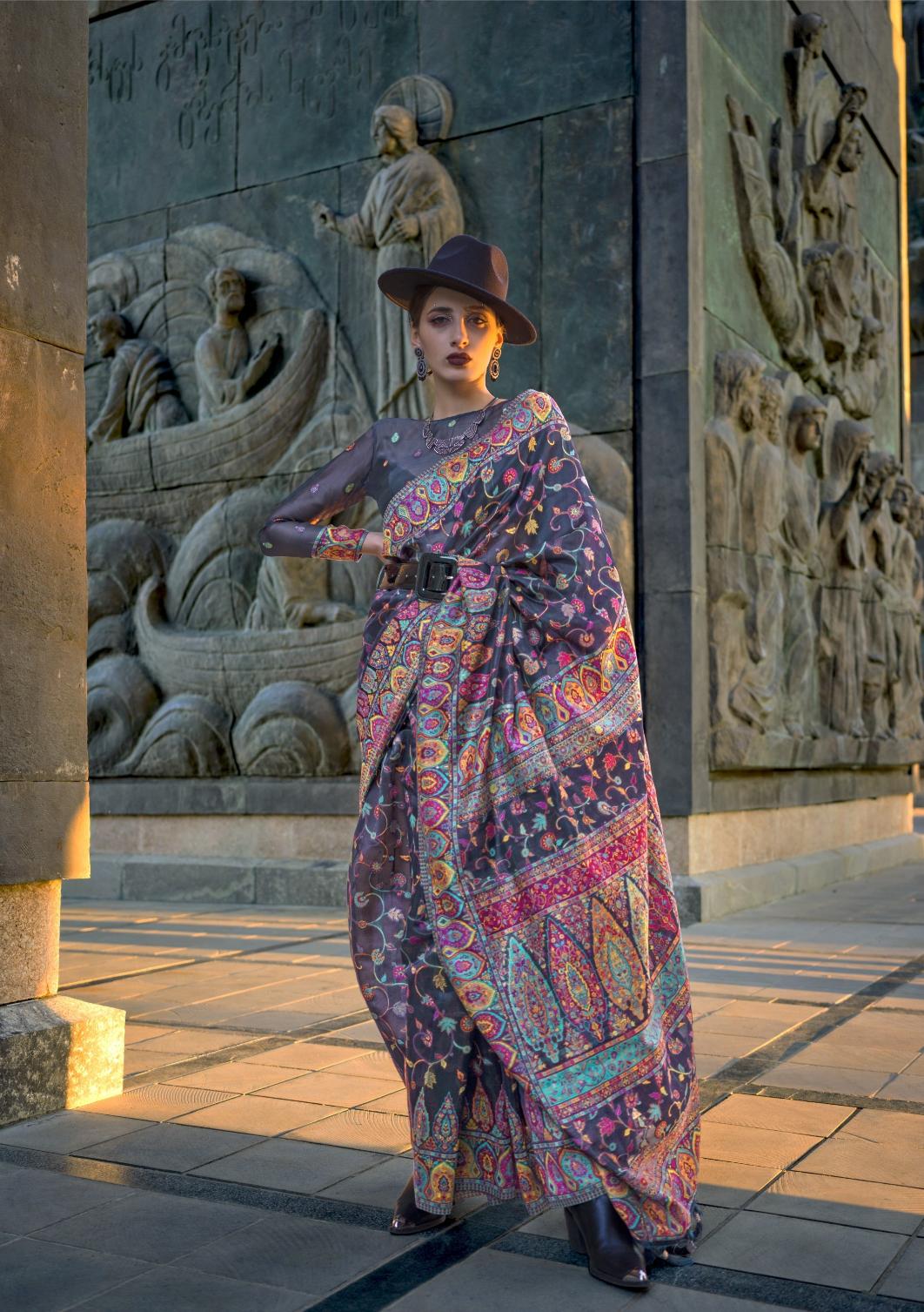 Black Kashmiri Kani Handloom Woven Silk Saree