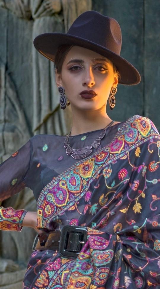 Black Kashmiri Kani Handloom Woven Silk Saree