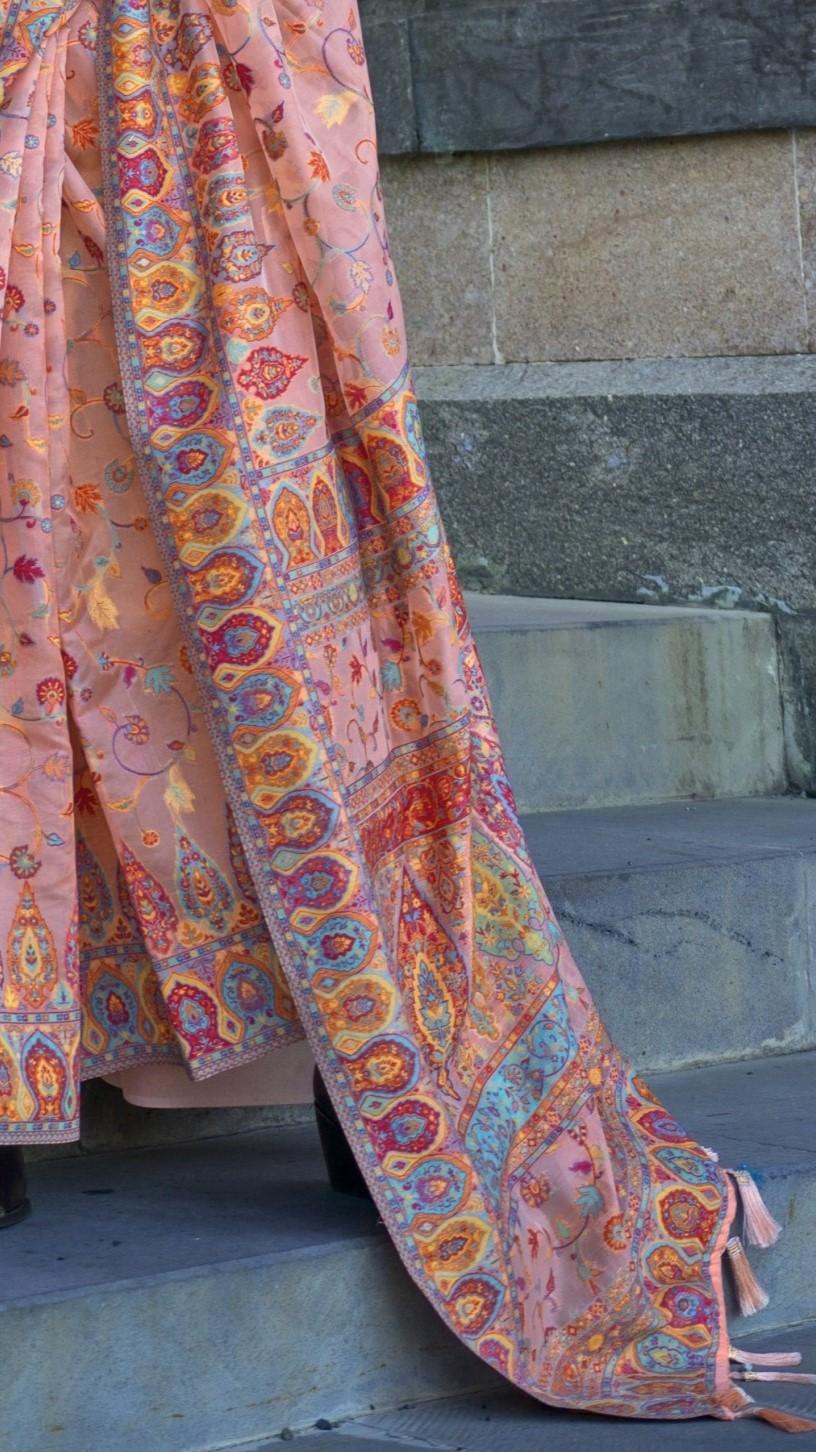 Carnation Pink Kashmiri Kani Handloom Woven Silk Saree