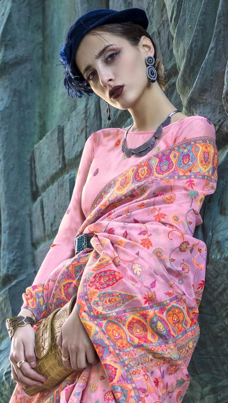 Blush Pink Kashmiri Kani Handloom Woven Silk Saree