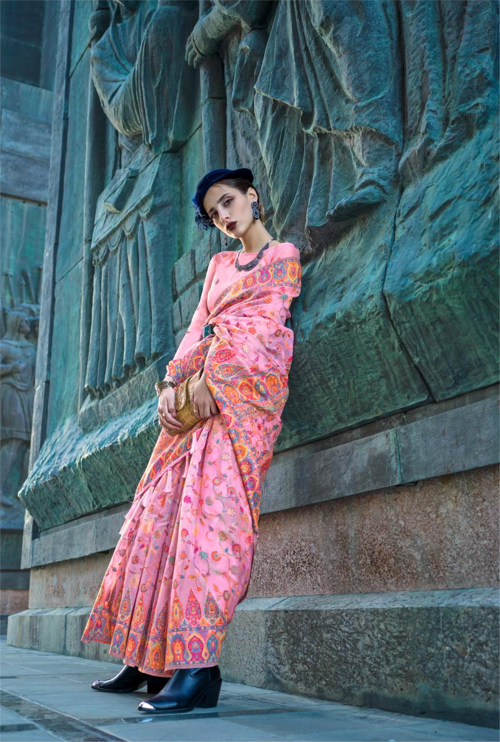 Blush Pink Kashmiri Kani Handloom Woven Silk Saree