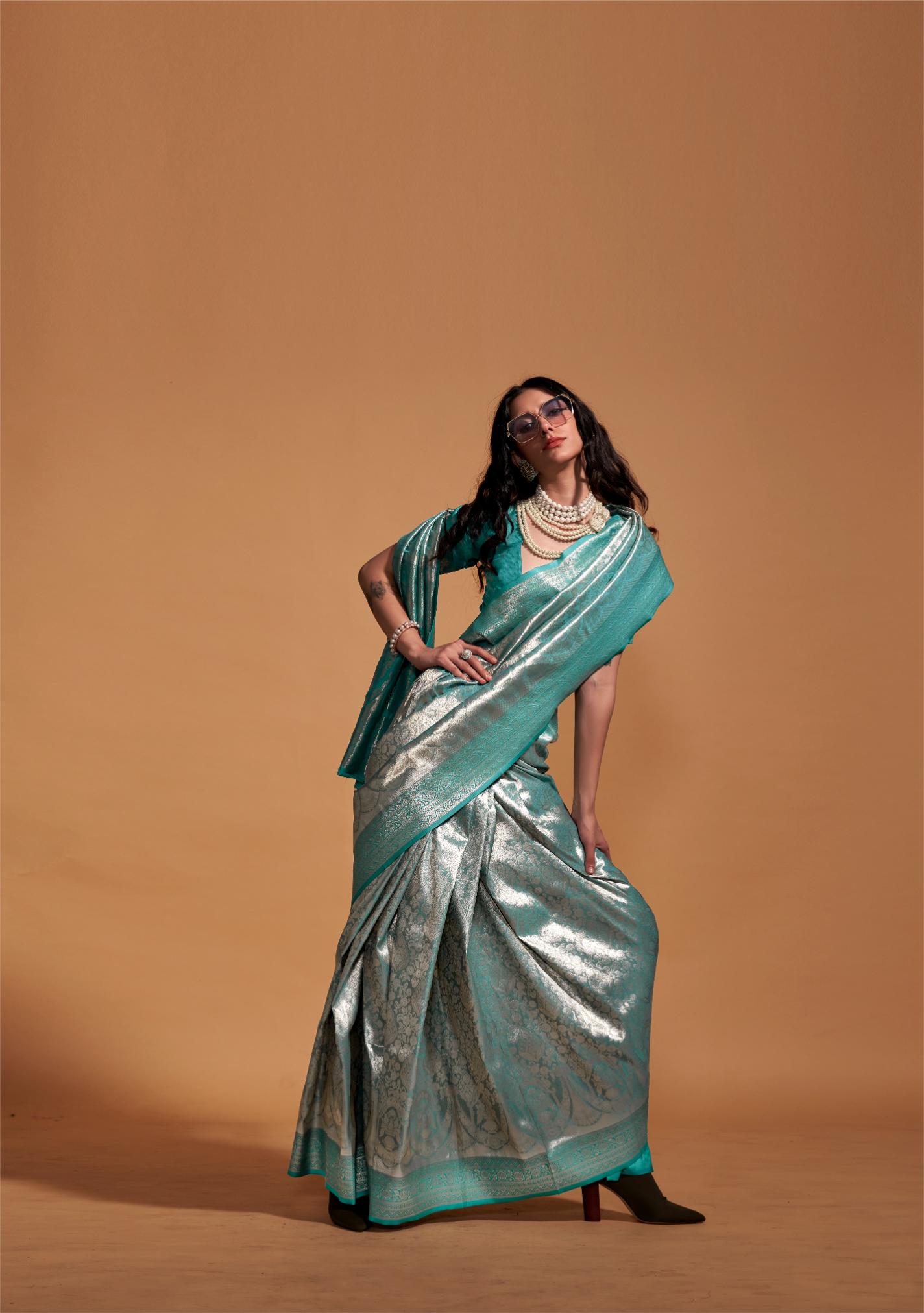 Seagreen Brocade Woven Kanjivaram Silk Saree