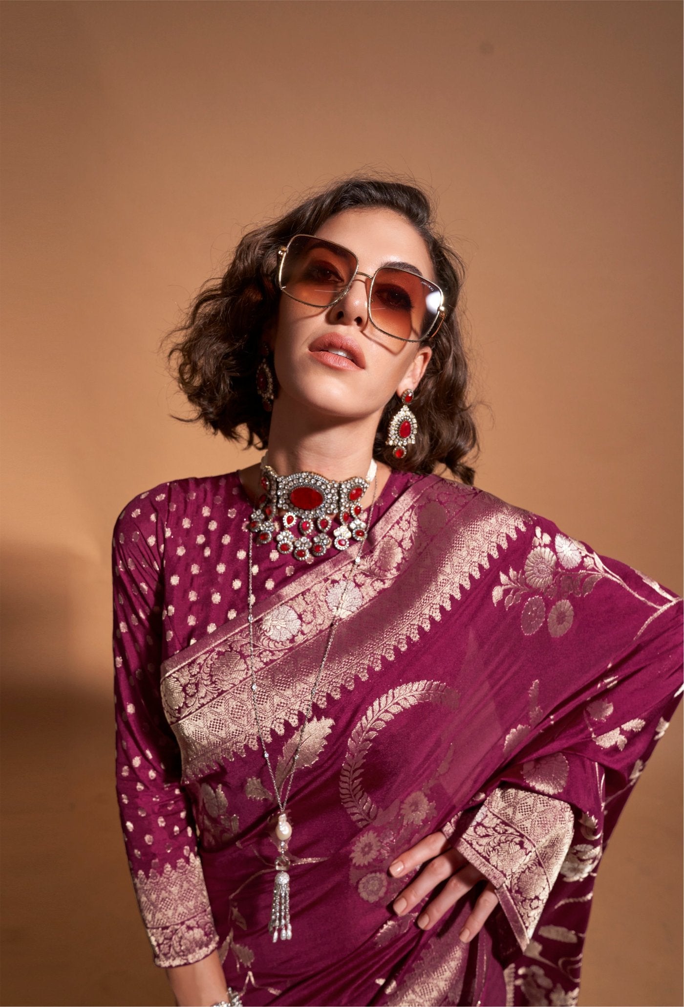 Winey Maroon Georgette Silk Banarasi Saree