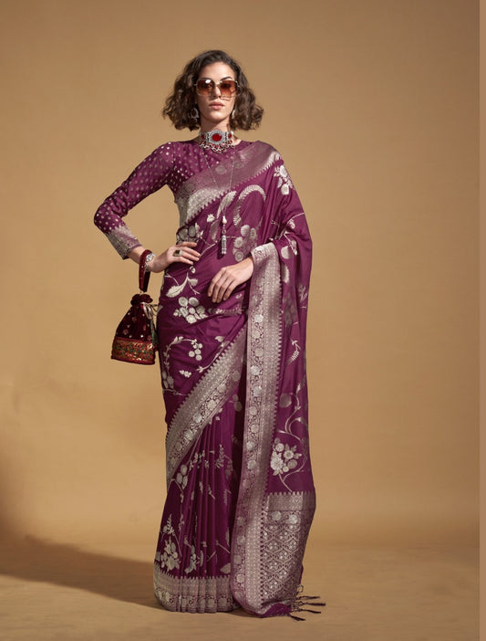 Winey Maroon Georgette Silk Banarasi Saree