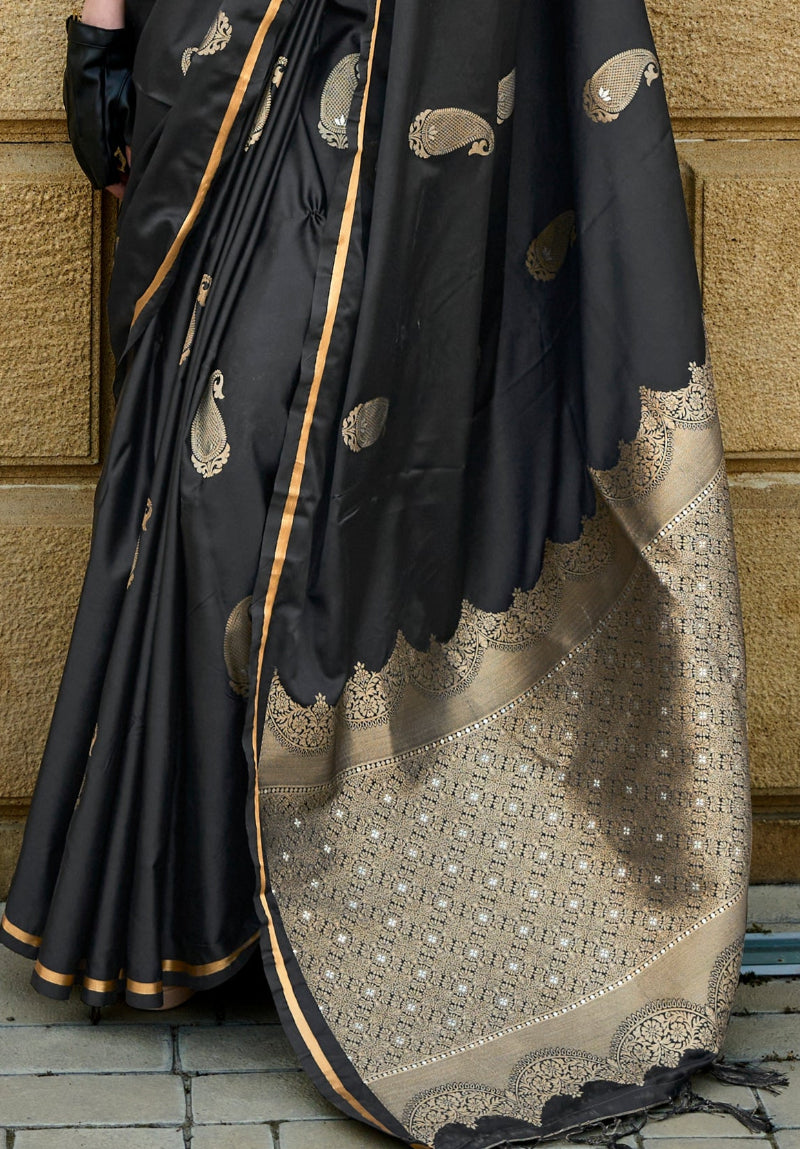Coal Black Satin Silk Saree