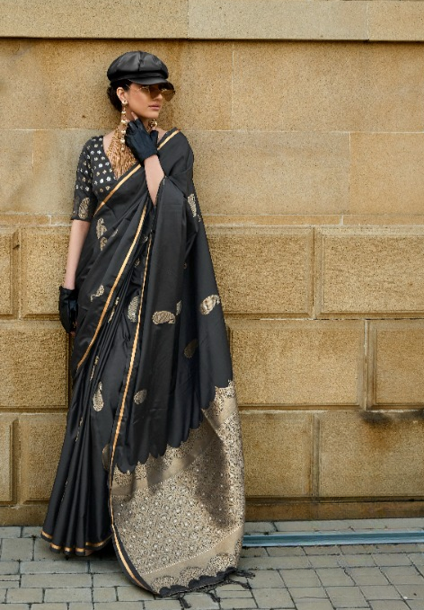 Coal Black Satin Silk Saree