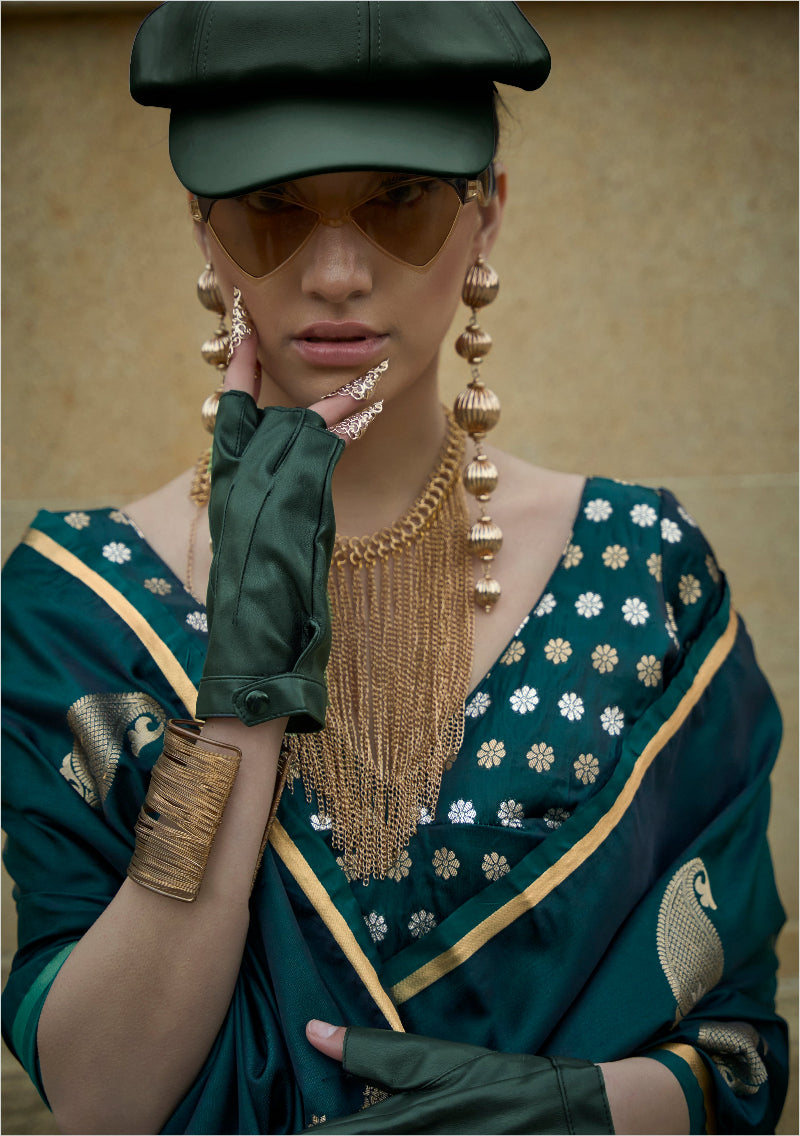 Pine Green Satin Silk Saree