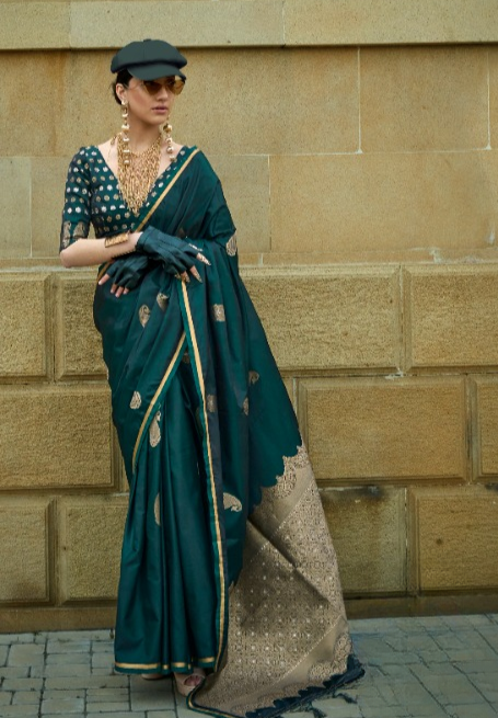 Pine Green Satin Silk Saree