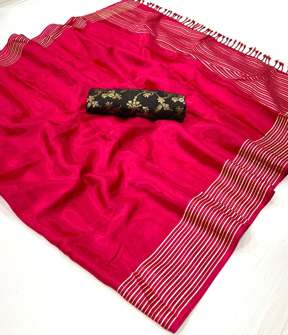 Strawberry Red Soft Silk Saree With Brocade Blouse