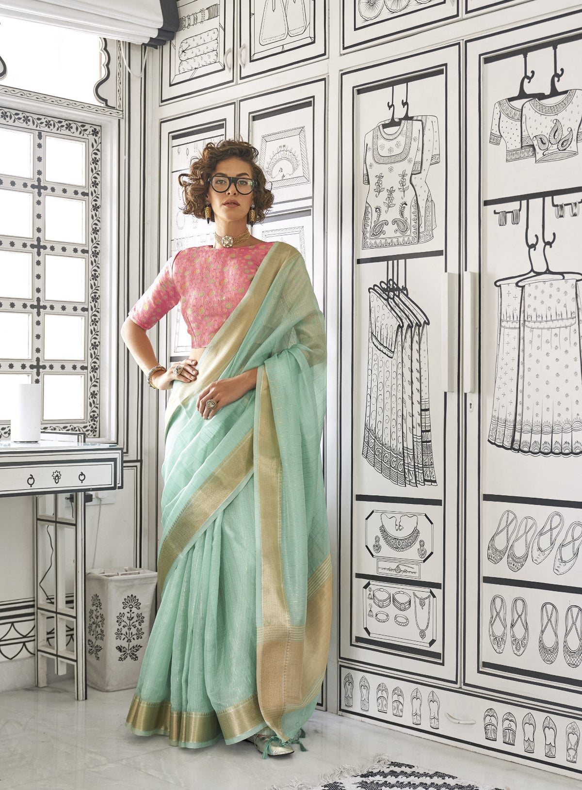 Pastel Aquamarine Woven Zari Border Chiffon Saree