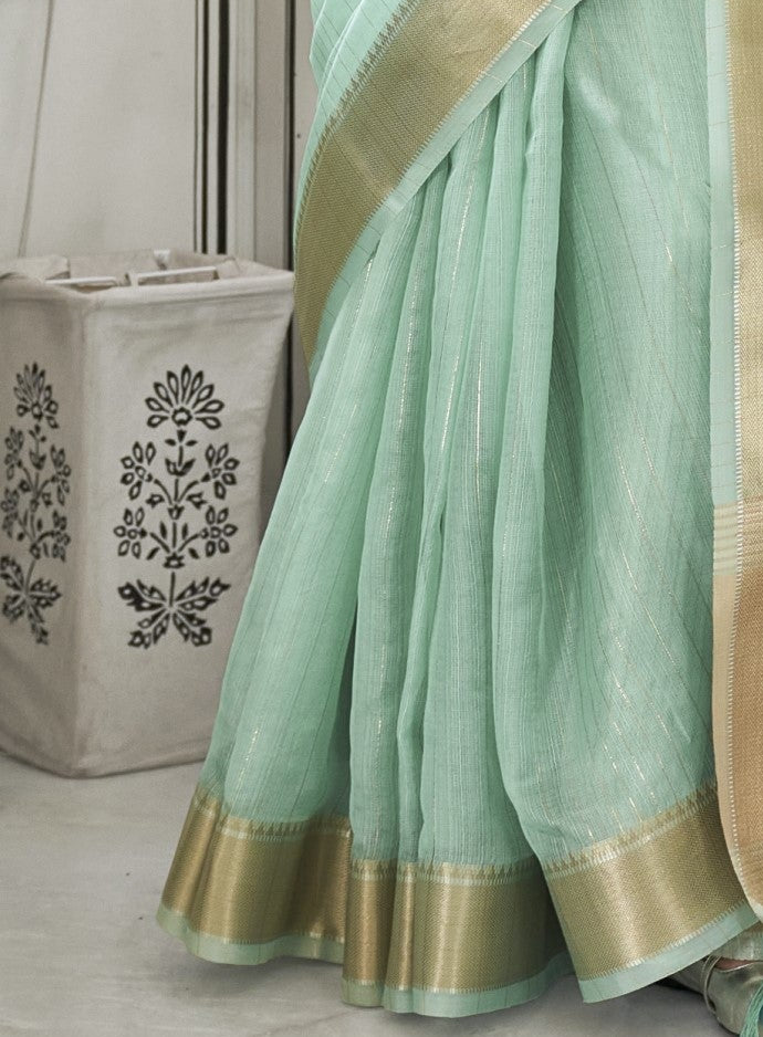 Pastel Aquamarine Woven Zari Border Chiffon Saree