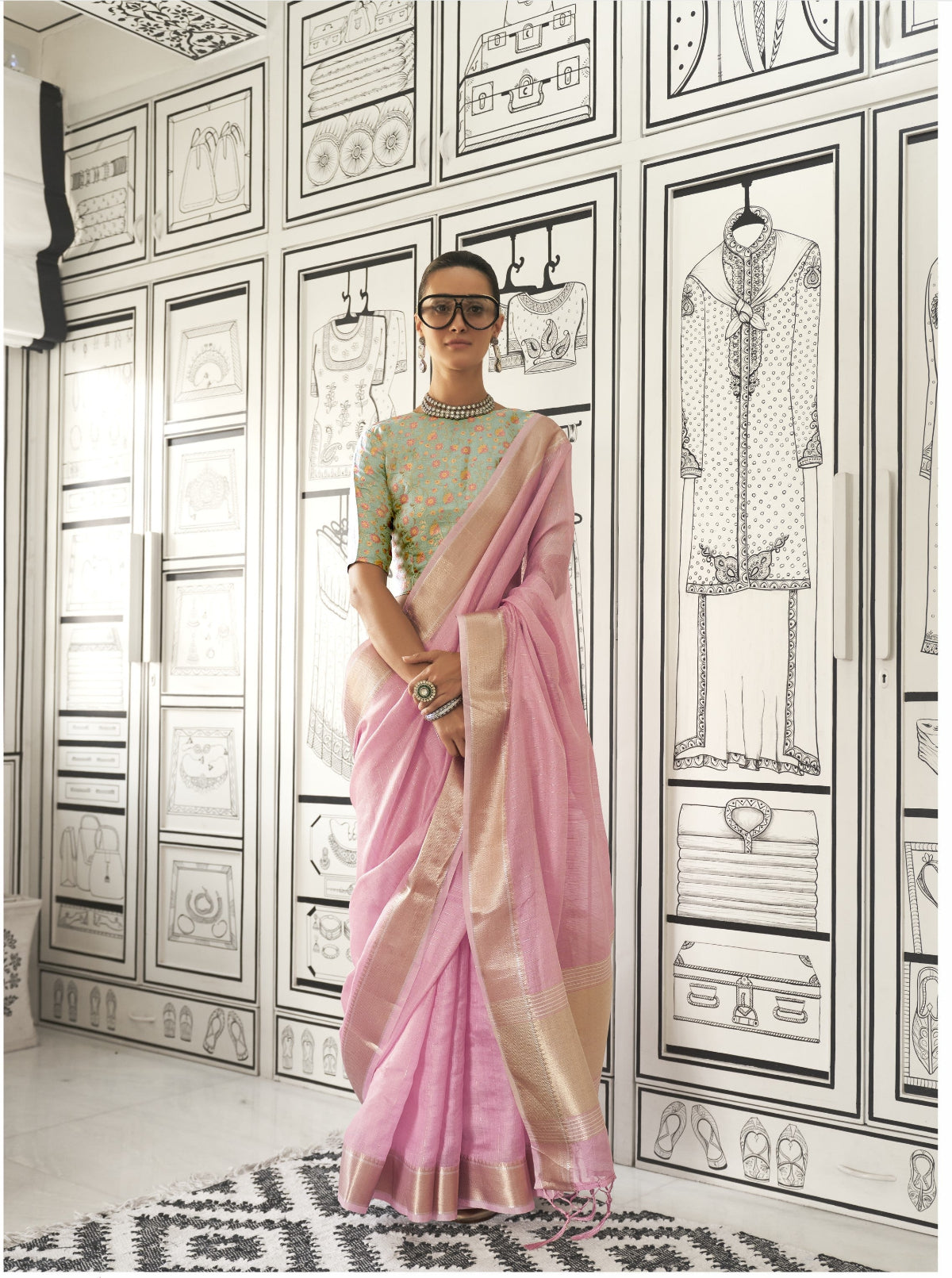 Pastel Pink Woven Zari Border Chiffon Saree
