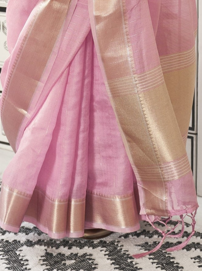 Pastel Pink Woven Zari Border Chiffon Saree