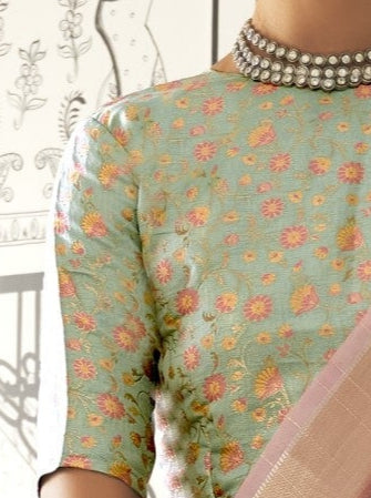Pastel Pink Woven Zari Border Chiffon Saree