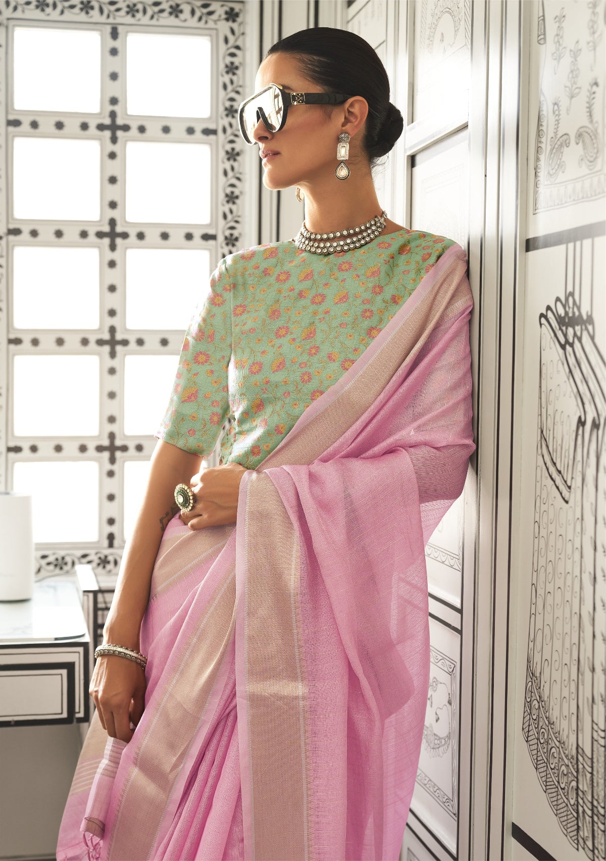 Pastel Pink Woven Zari Border Chiffon Saree