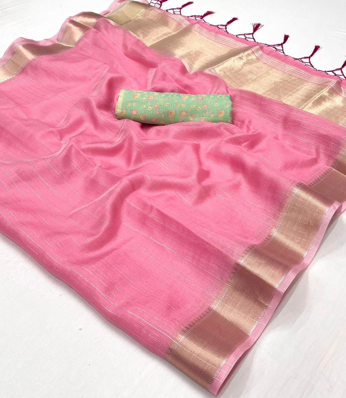 Pastel Pink Woven Zari Border Chiffon Saree
