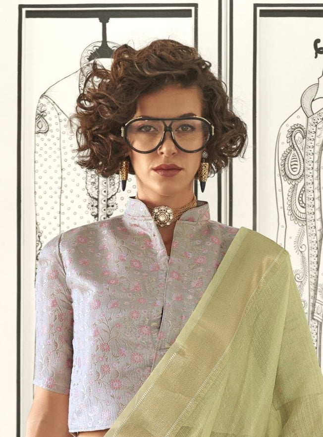 Pastel Green  Woven Zari Border Chiffon Saree