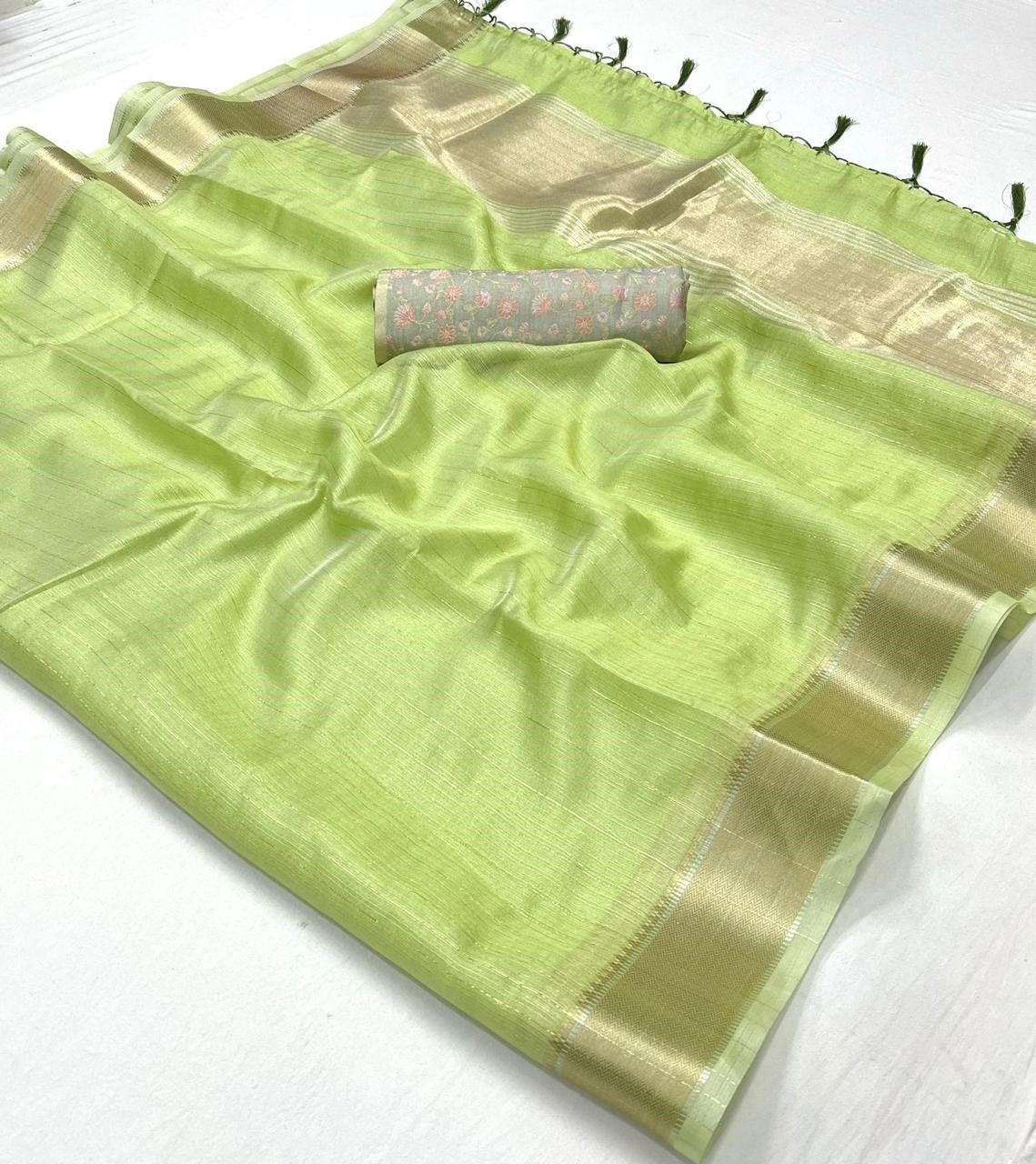 Pastel Green  Woven Zari Border Chiffon Saree