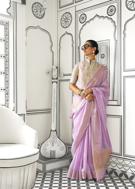 Pastel Purple Woven Zari Border Chiffon Saree