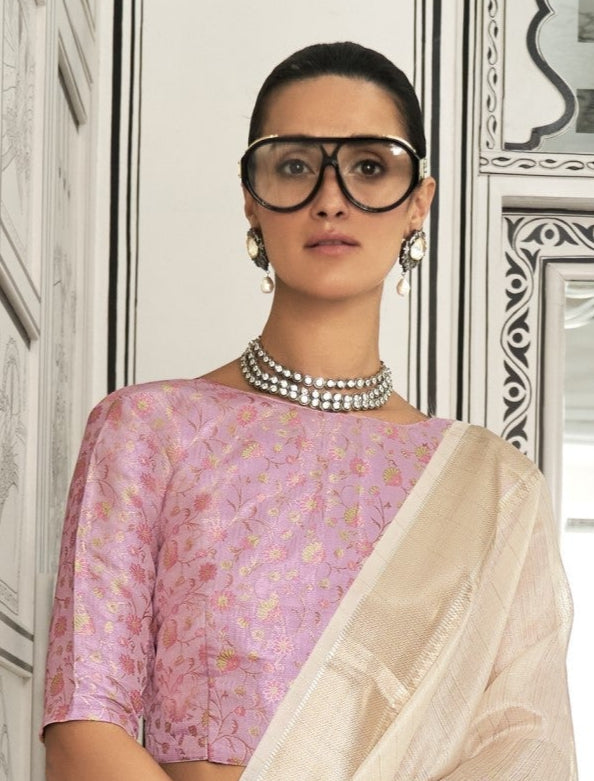 Pearl White Woven Zari Border Chiffon Saree