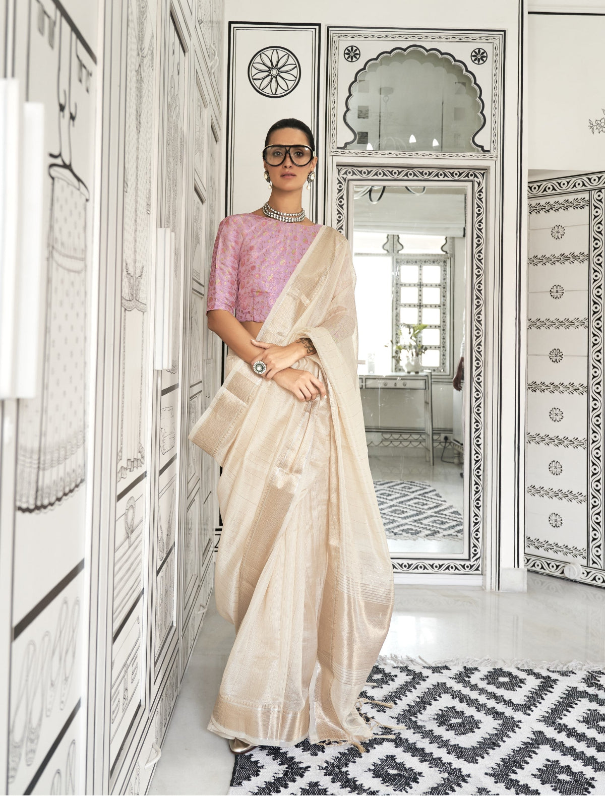 Pearl White Woven Zari Border Chiffon Saree