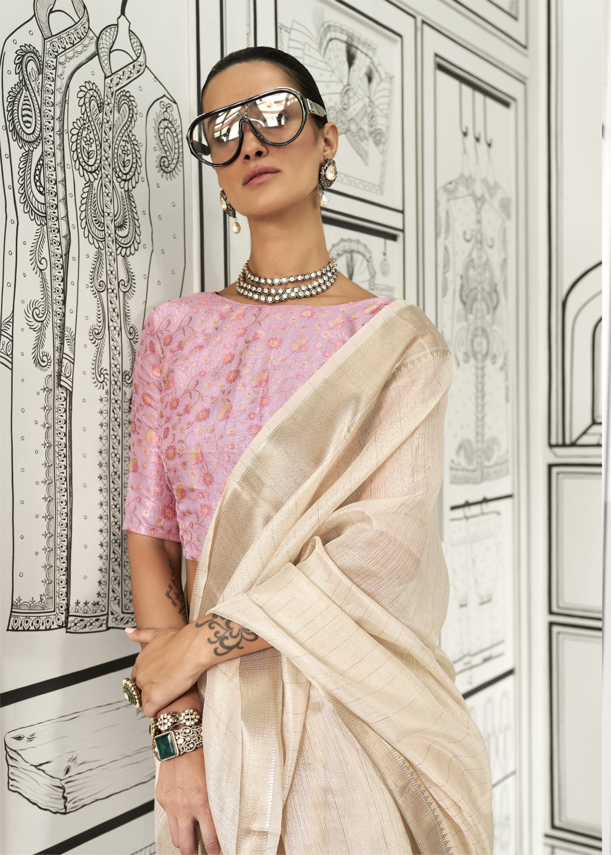 Pearl White Woven Zari Border Chiffon Saree