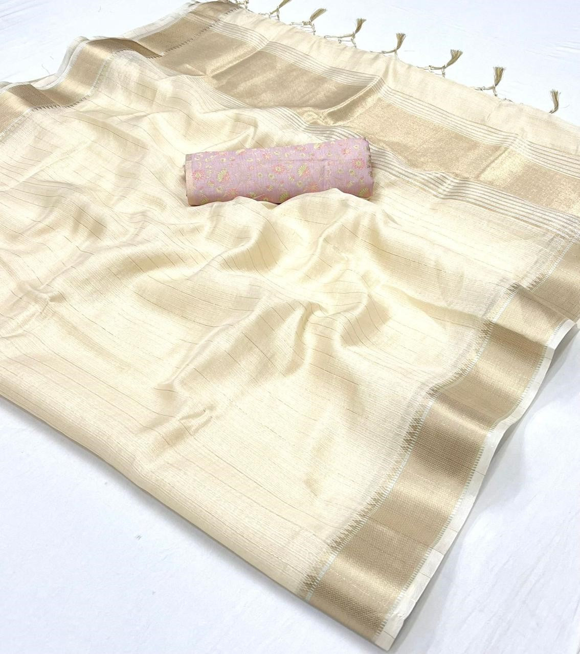 Pearl White Woven Zari Border Chiffon Saree