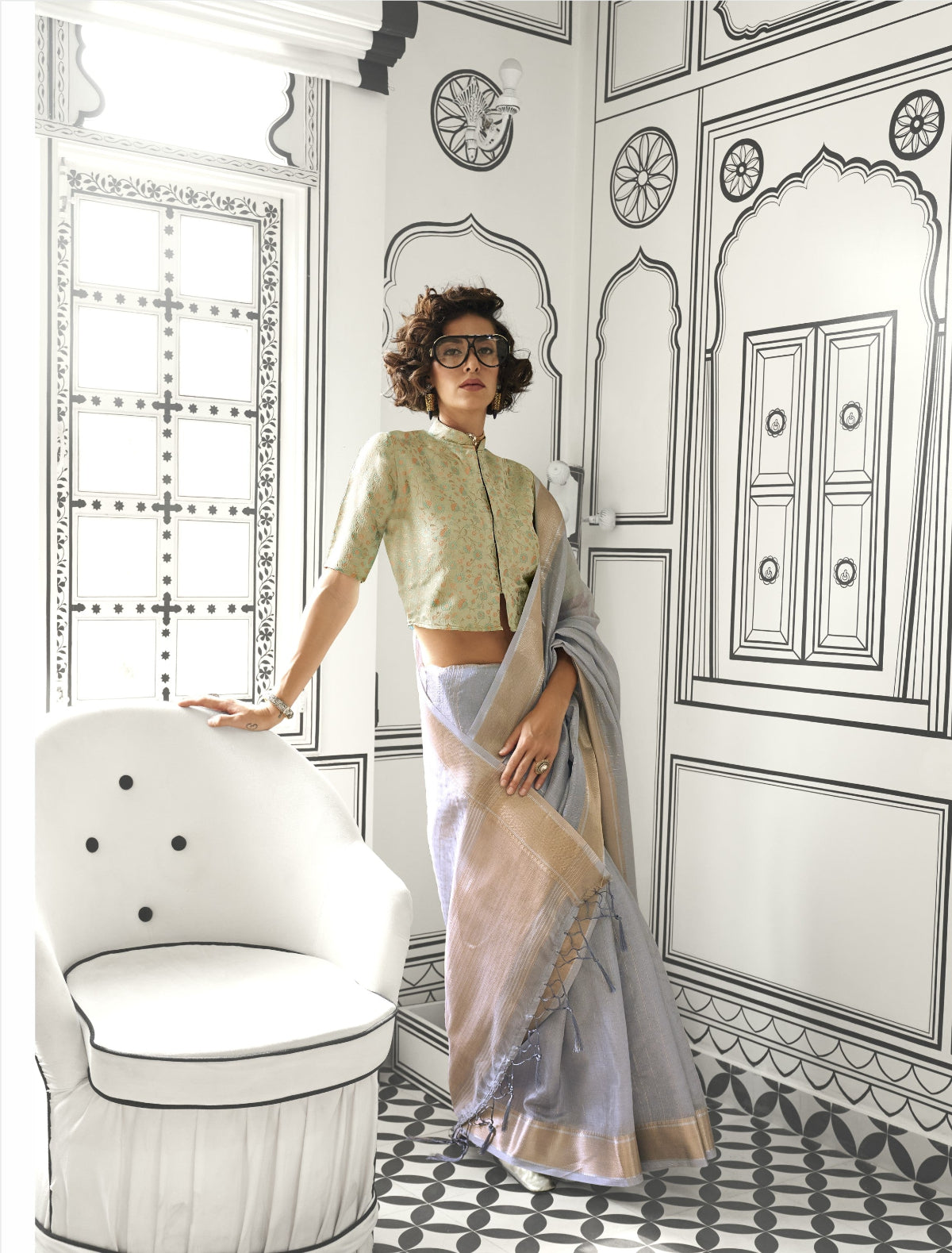 Soot Grey Woven Zari Border Chiffon Saree
