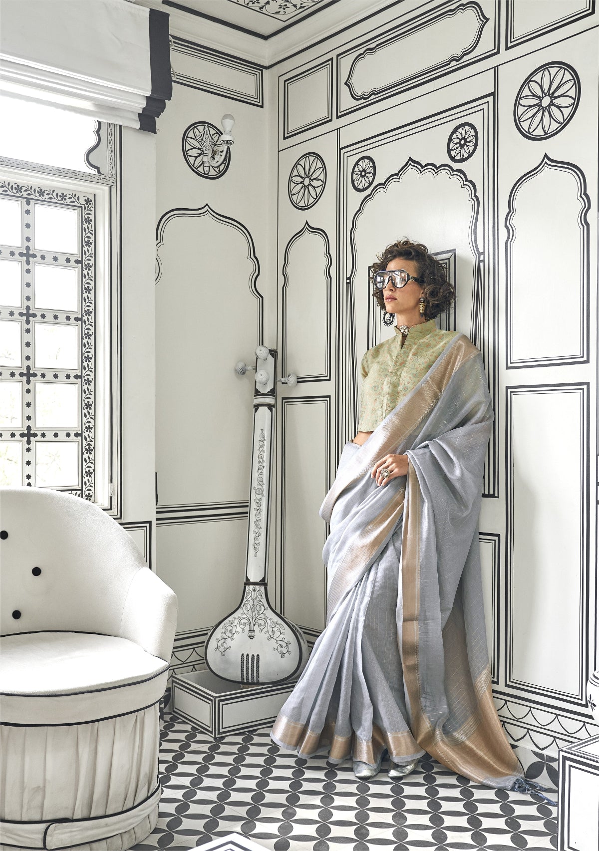 Soot Grey Woven Zari Border Chiffon Saree