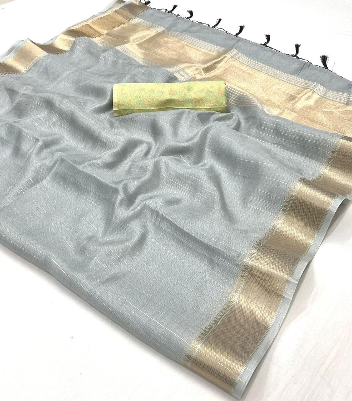 Soot Grey Woven Zari Border Chiffon Saree