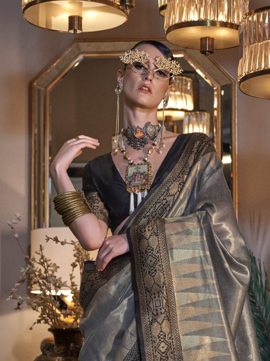 Shop Grey Zari Tissue Silk Sarees Online - STORI