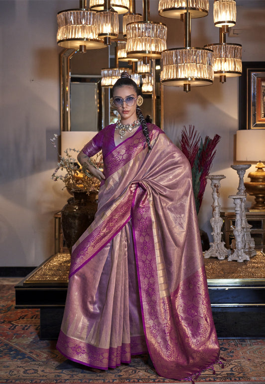 Onion Pink Zari Tissue Silk Saree With Temple Border