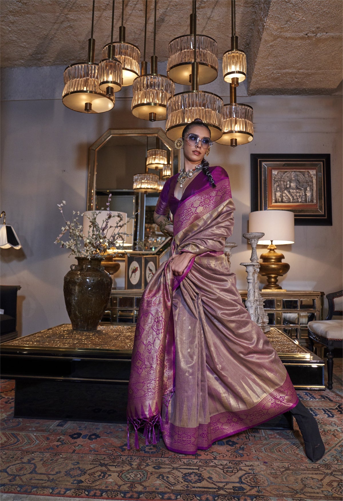 Onion Pink Zari Tissue Silk Saree With Temple Border