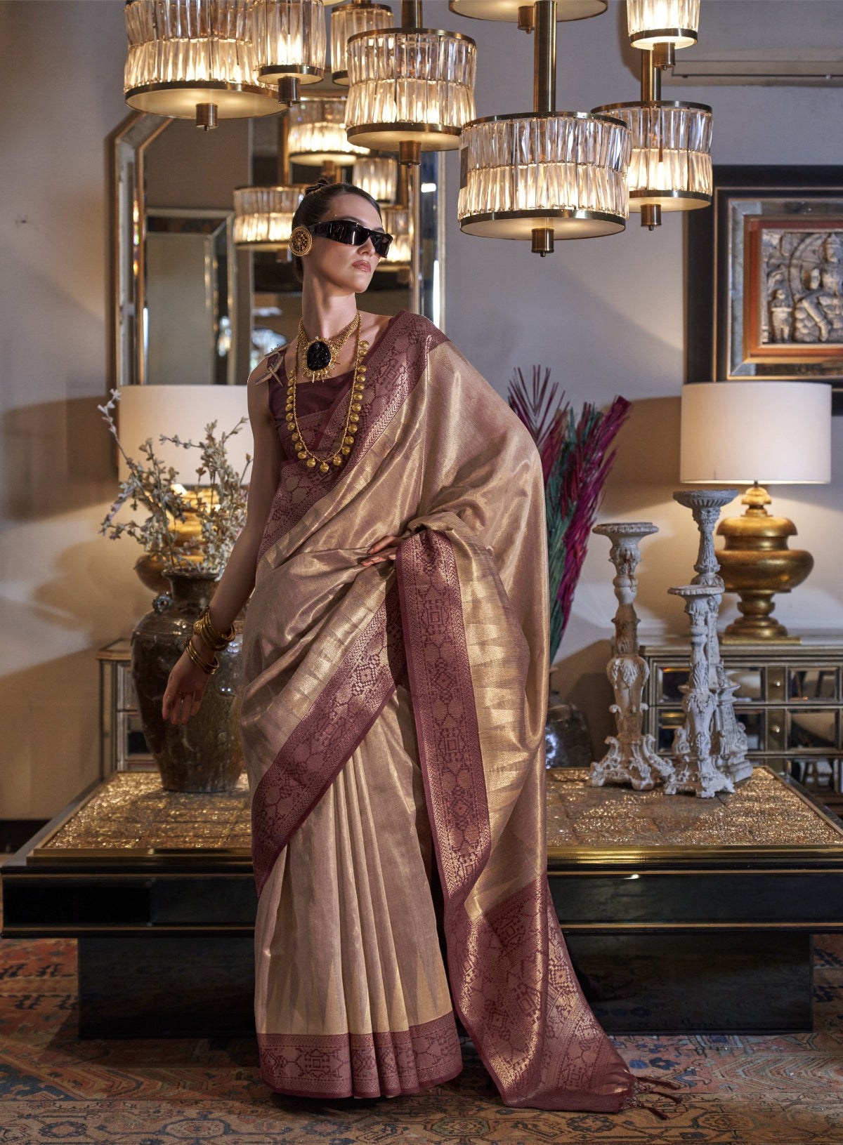 Latte  Brown Zari Tissue Silk Saree With Temple Border