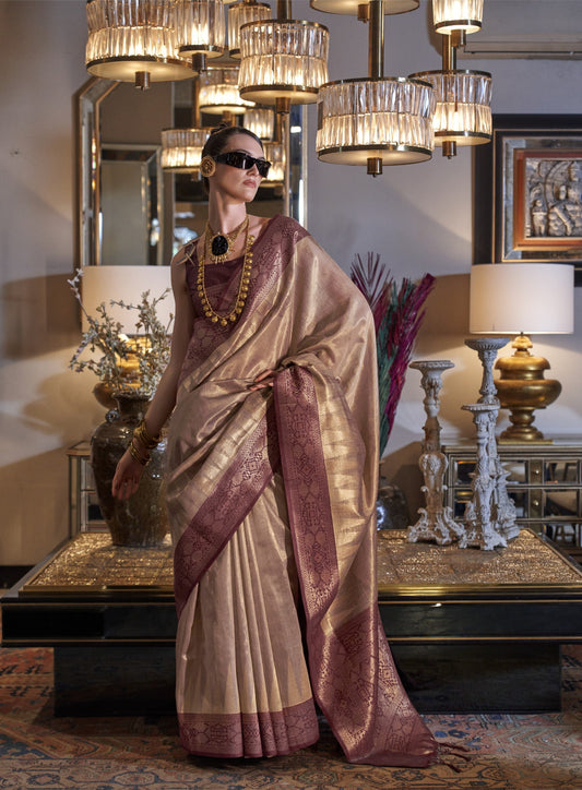 Latte  Brown Zari Tissue Silk Saree With Temple Border