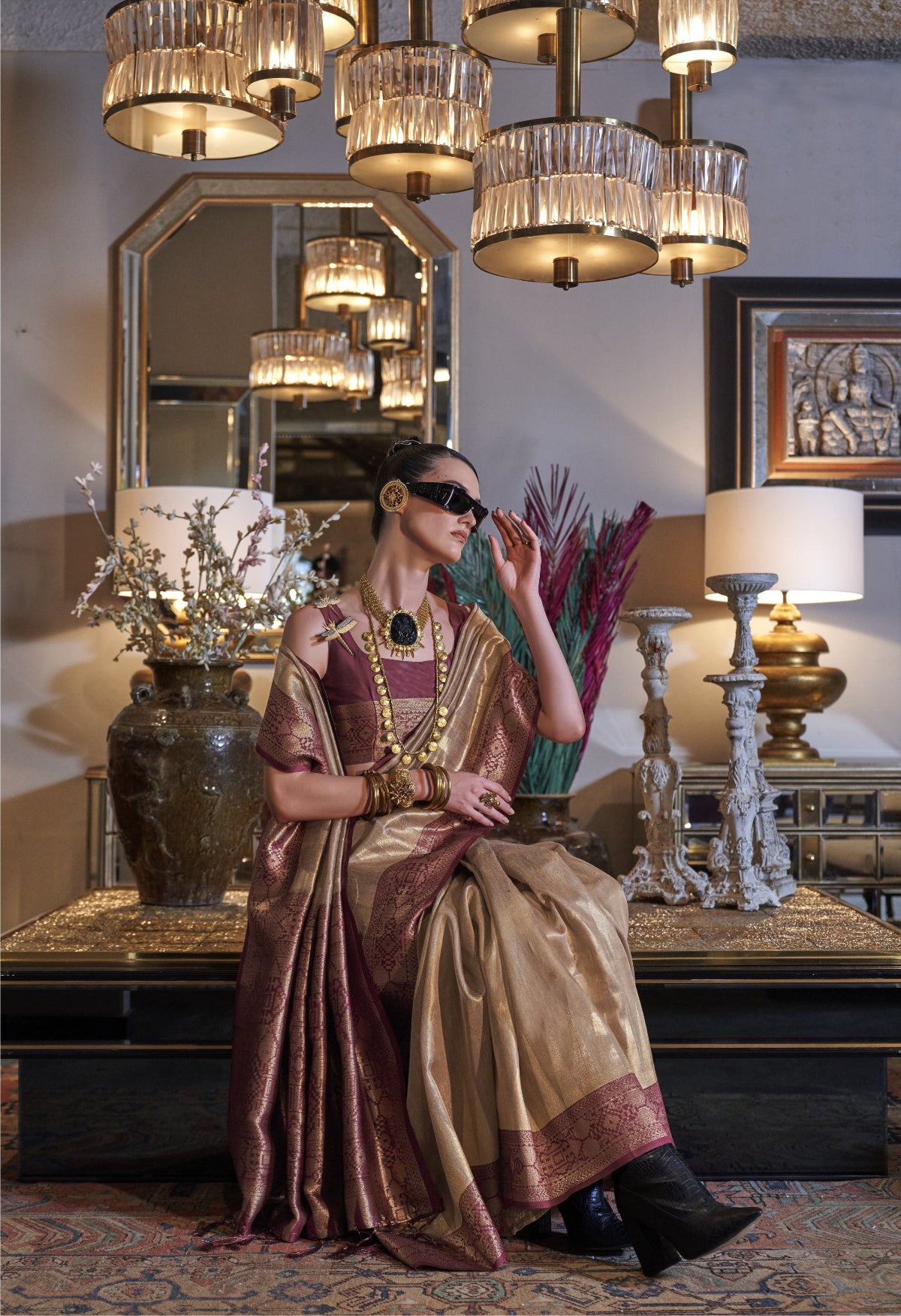 Latte  Brown Zari Tissue Silk Saree With Temple Border