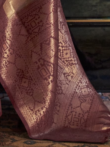 Latte  Brown Zari Tissue Silk Saree With Temple Border